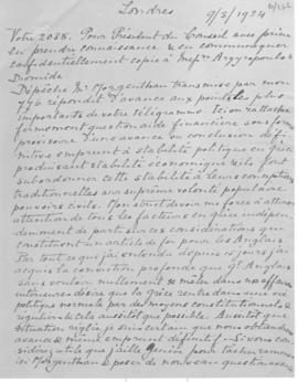 Χειρόγραφο αντίγραφο τηλεγραφήματος Δημητρίου Κακλαμάνου προς τον Αλέξανδρο Διομήδη, Λονδίνο 9 Μα...