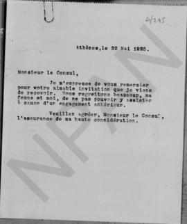 Επιστολή Αλέξανδρου Διομήδη προς τον Monsieur le Consul, Αθήνα 22 Μαΐου 1925 1