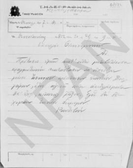 Τηλεγράφημα Ρακτιβάν προς τον Αλέξανδρο Διομήδη, Θεσσαλονίκη 28 Νοεμβρίου 1