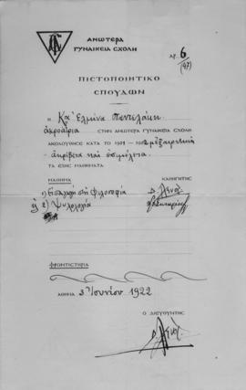 Ανωτέρα Γυναικεία Σχολή, Πιστοποιητικό Σπουδών, Αθήνα 3 Ιουνίου 1922 1