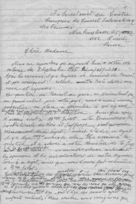 Επιστολή Ελμίνας Παντελάκη προς το Secretariat du Centre Europeen du Conseil International des Fe...