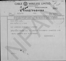 Τηλεγράφημα Κωνσταντίνου Γουναράκη προς τον Αλέξανδρο Διομηδη, Παρίσι 8 Δεκμεβρίου 1948 1