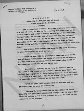 Alexander N. Diomedes: Memorandum regarding the National Bank of Greece, secret, Athens May 10, 1...