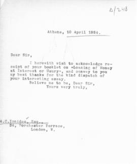 Επιστολή Αλέξανδρου Διομήδη προς τον A.C. Ionides, Αθήνα 10 Απριλίου 1924 1